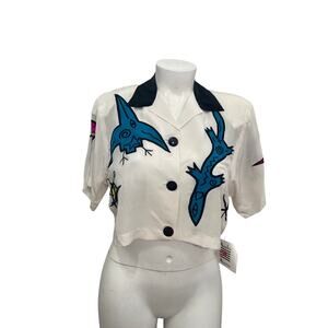 Vintage 80s Amelia Austin  graphic embroidered surrealism silk Copped Top  12